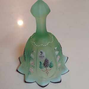 Fenton Willow Green Satin Plum Crest Opalescent Glass Bell with Grape Rose Motif